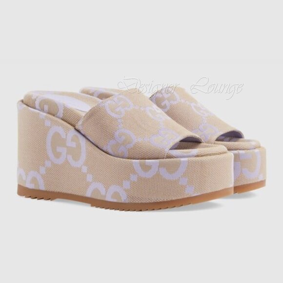NEW GUCCI Macro GG Beige Monogram Canvas Platform Wedges Size EU 40 US 10 - Picture 9 of 13